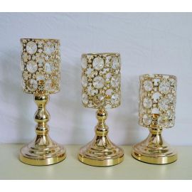 Set of 3 Gold Crystal Candle Holders Metal Candle Holders Wedding Candle Holders