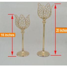 Set of 2 Gold Crystal Lotus Candle Holder High Metal Candle Holder Gold Wedding Candle Holder 20 Inches and 16 inches (GA,USA)
