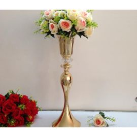 Polished Metal Floral Riser Wedding Centerpieces Vases With Crystal Decoration French Gold 22 inches