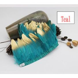 Teal Goose Pallets Parried Fringe with Gold Tip Sew on Feathers 2 Yards/Piece